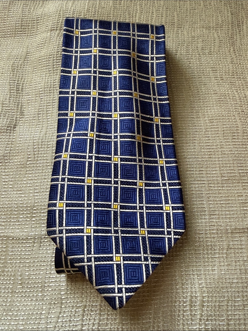 Valentino Navy and White Grid Tie with Yellow Accents